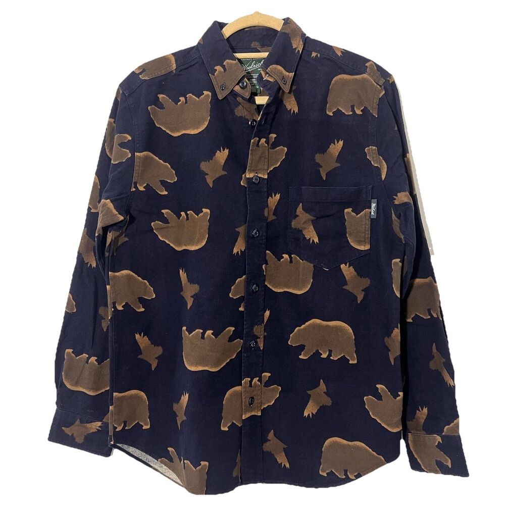 Woolrich Flannel Shirt Mens S Blue Cotton Camo Button Up Long‎ Sleeve Casual